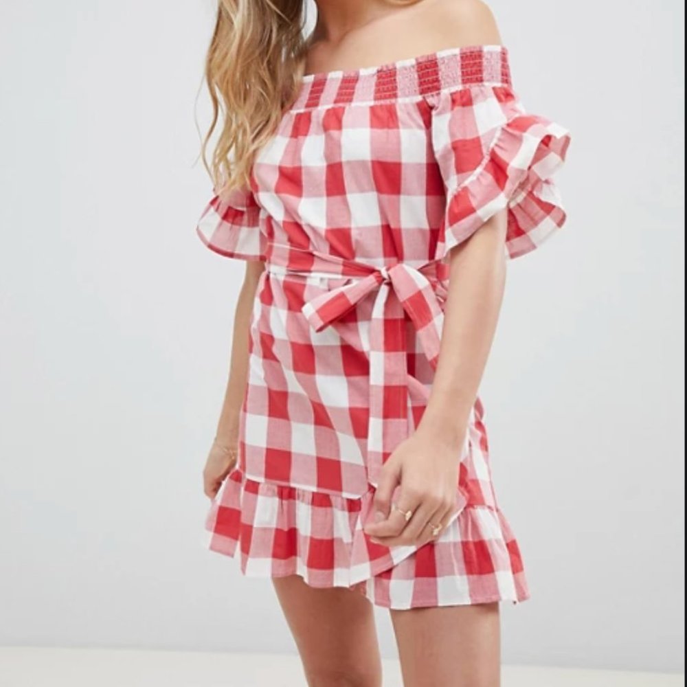 ASOS off shoulder frill detail dress in gi…